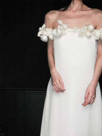 Charming A Line Off The Shoulder White Chiffon With Flowers Brides Gown Bridal Dress Long Wedding Dresses RB5711
