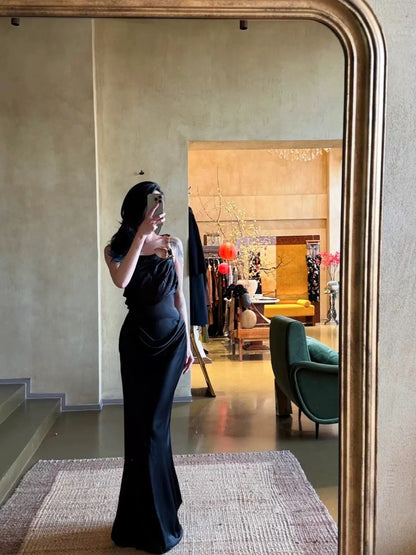 Beautiful Mermaid One Shoulder Black Tie Dress With Gold Beads Long Date Night 18th Birthday Outfits Formal Prom Dresses RB5708