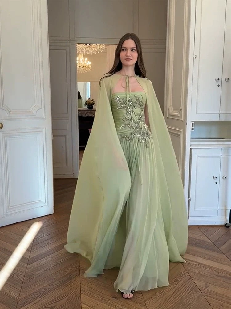 Beautiful A line Strapless Sage Green Chiffon With Cape Long Date Night 18th Birthday Outfits Formal Prom Dresses RB5707