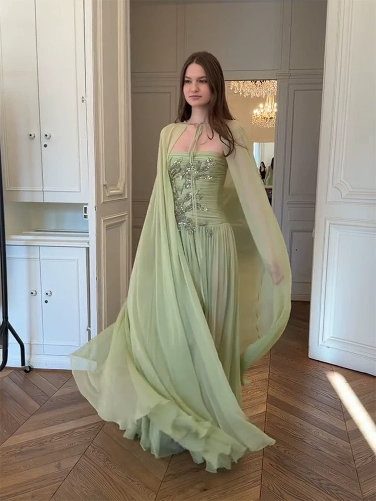 Beautiful A line Strapless Sage Green Chiffon With Cape Long Date Night 18th Birthday Outfits Formal Prom Dresses RB5707