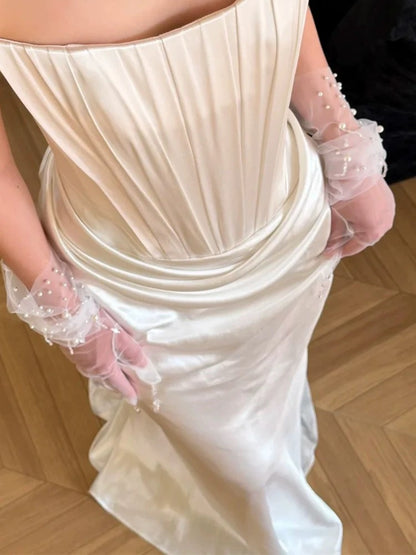 Modest Mermaid Strapless Satin White With Ruffled Brides Gown Bridal Dress Long Wedding Dresses RB5544