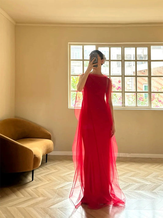 Elegant Mermaid Scoop Red Tulle Date Night Outfits Semi Formal Prom Gown Evening Dresses RB5545