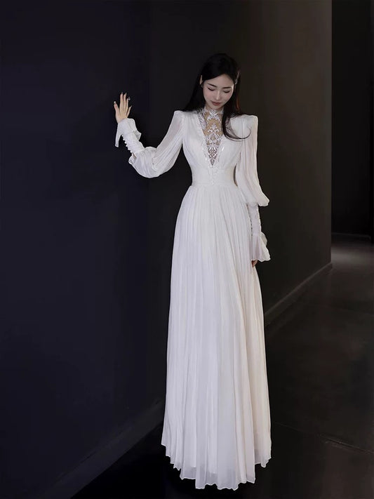 Modest A line V Neck Chiffon White With Long Sleeves Brides Gown Bridal Dress Long Wedding Dresses RB5548