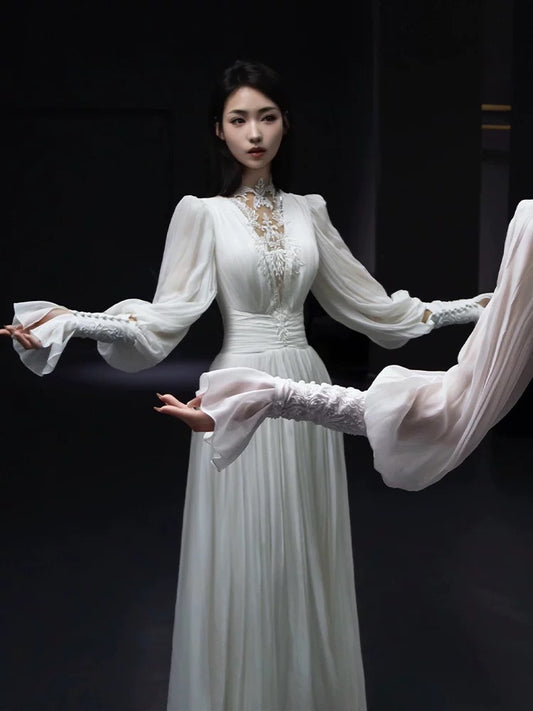 Modest A line V Neck Chiffon White With Long Sleeves Brides Gown Bridal Dress Long Wedding Dresses RB5548