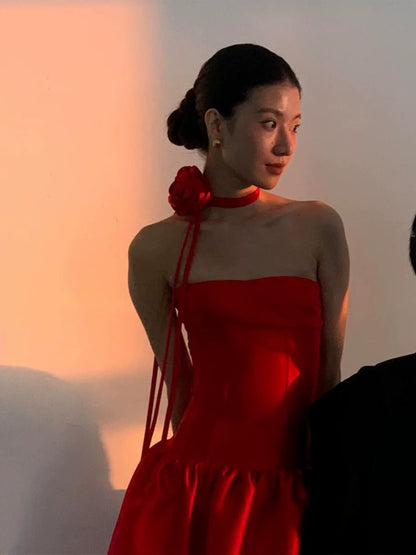 Elegant A Line Strapless Red Satin Date Night Outfits Ankle Length Formal Prom Gown Evening Dresses RB5546