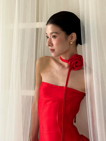 Elegant A Line Strapless Red Satin Date Night Outfits Ankle Length Formal Prom Gown Evening Dresses RB5546