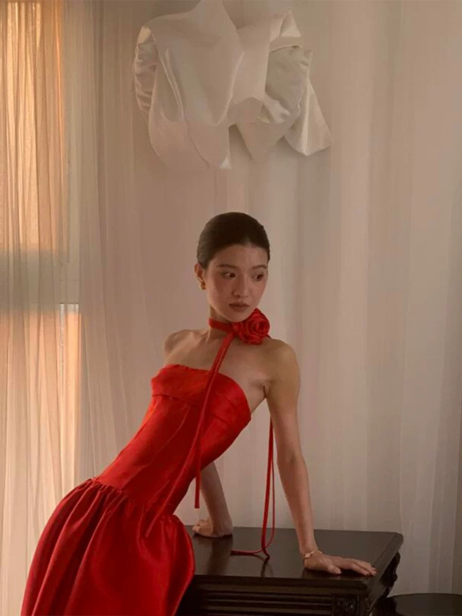 Elegant A Line Strapless Red Satin Date Night Outfits Ankle Length Formal Prom Gown Evening Dresses RB5546
