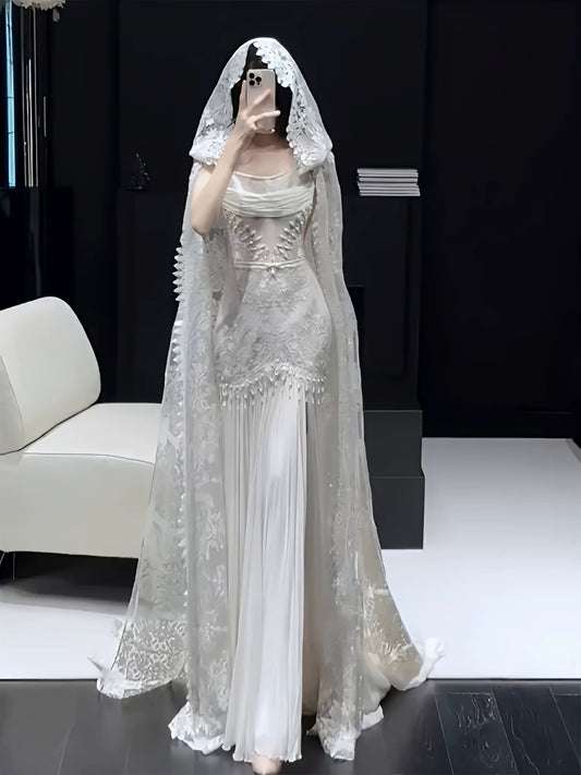 Vintage Mermaid Strapless Chiffon White With Split Brides Gown Bridal Dress Long Wedding Dresses RB5549