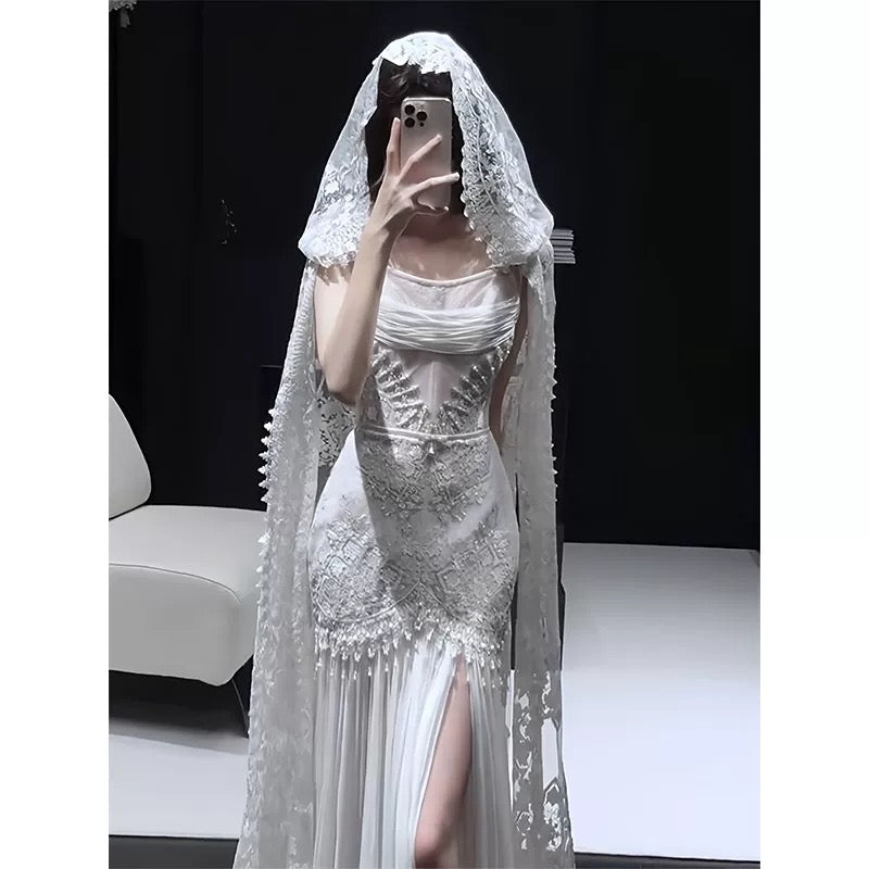 Vintage Mermaid Strapless Chiffon White With Split Brides Gown Bridal Dress Long Wedding Dresses RB5549