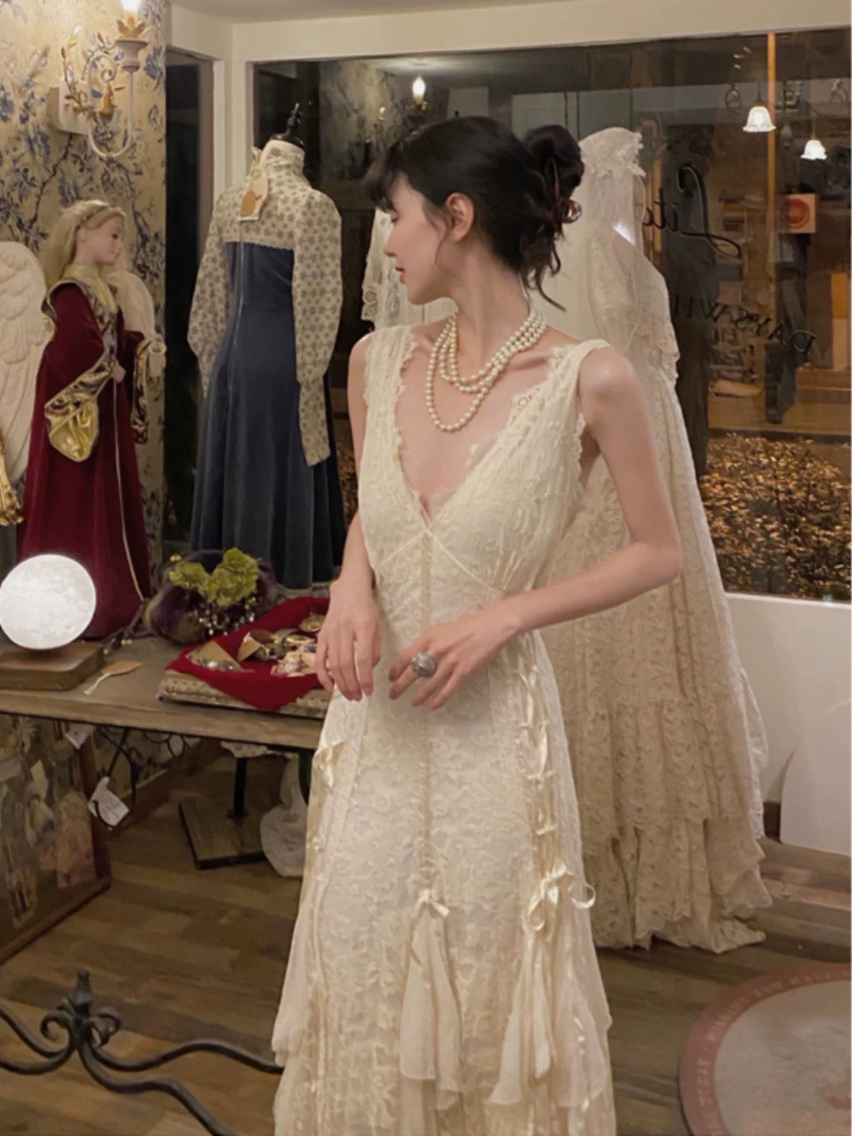 Vintage Mermaid V Neckline Chiffon Ivory Lace With Ruffled Brides Gown Bridal Dress Long Wedding Dresses RB5550