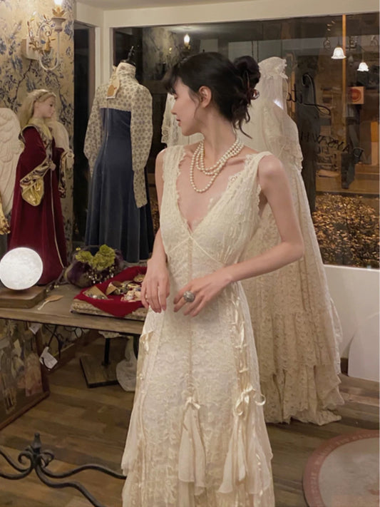 Vintage Mermaid V Neckline Chiffon Ivory Lace With Ruffled Brides Gown Bridal Dress Long Wedding Dresses RB5550