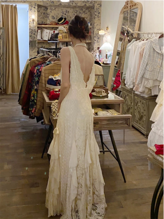 Vintage Mermaid V Neckline Chiffon Ivory Lace With Ruffled Brides Gown Bridal Dress Long Wedding Dresses RB5550