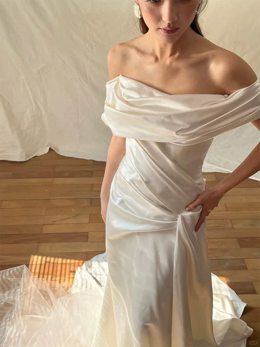 Vintage Mermaid Off The Shoulder White Satin With Ruffled Brides Gown Bridal Dress Long Wedding Dresses RB5551
