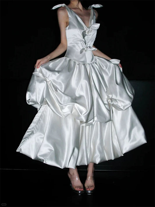 Vintage Ball Gown Off The Shoulder White Satin With Bow Brides Gown Bridal Dress Ankle Length Wedding Dresses RB5552