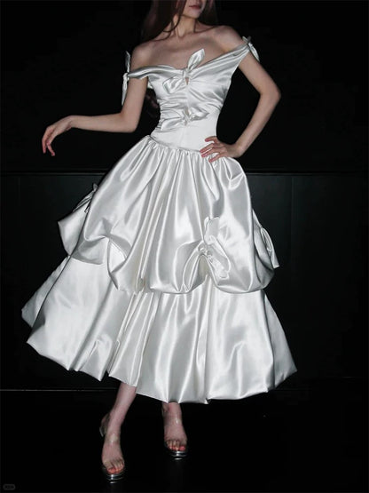 Vintage Ball Gown Off The Shoulder White Satin With Bow Brides Gown Bridal Dress Ankle Length Wedding Dresses RB5552
