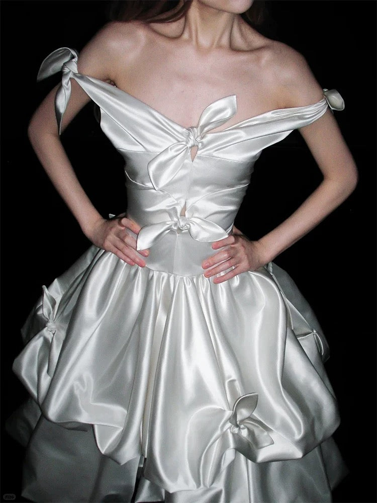 Vintage Ball Gown Off The Shoulder White Satin With Bow Brides Gown Bridal Dress Ankle Length Wedding Dresses RB5552