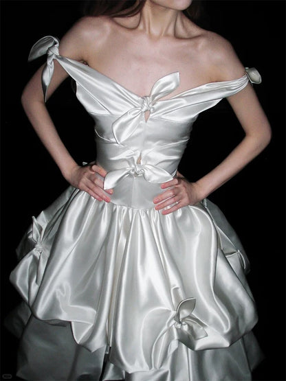 Vintage Ball Gown Off The Shoulder White Satin With Bow Brides Gown Bridal Dress Ankle Length Wedding Dresses RB5552