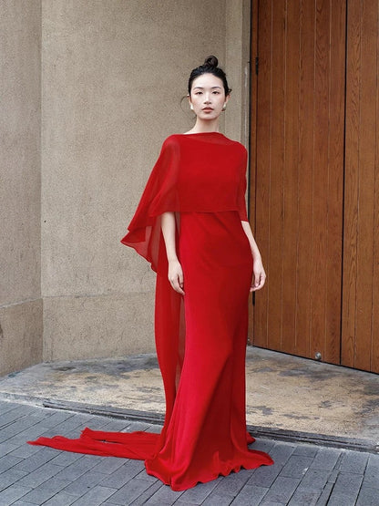 Elegant Mermaid Scoop Red Chiffon With Cape Date Night Outfits Semi Formal Prom Gown Evening Dresses RB5554
