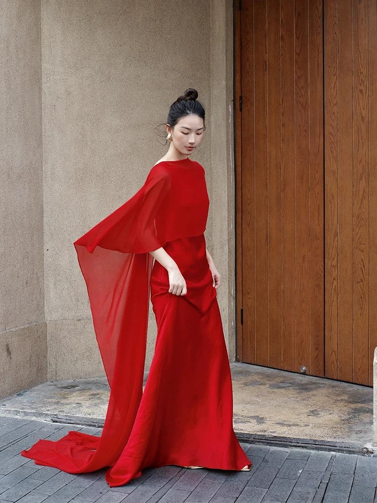 Elegant Mermaid Scoop Red Chiffon With Cape Date Night Outfits Semi Formal Prom Gown Evening Dresses RB5554