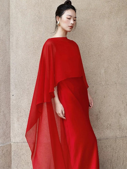 Elegant Mermaid Scoop Red Chiffon With Cape Date Night Outfits Semi Formal Prom Gown Evening Dresses RB5554