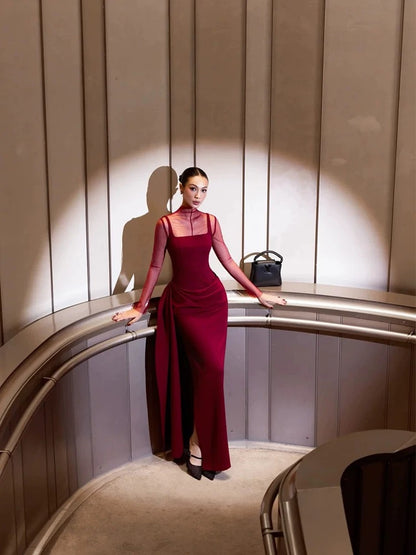 Elegant Mermaid Square Neck Burgundy With Ruffled Date Night Outfits Semi Formal Prom Gown Evening Dresses RB5558