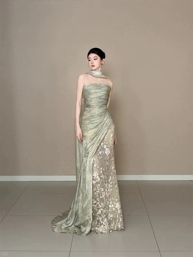 Elegant Mermaid Strapless Sage Green With Ruffled Lace Date Night Outfits Semi Formal Prom Gown Evening Dresses RB5560