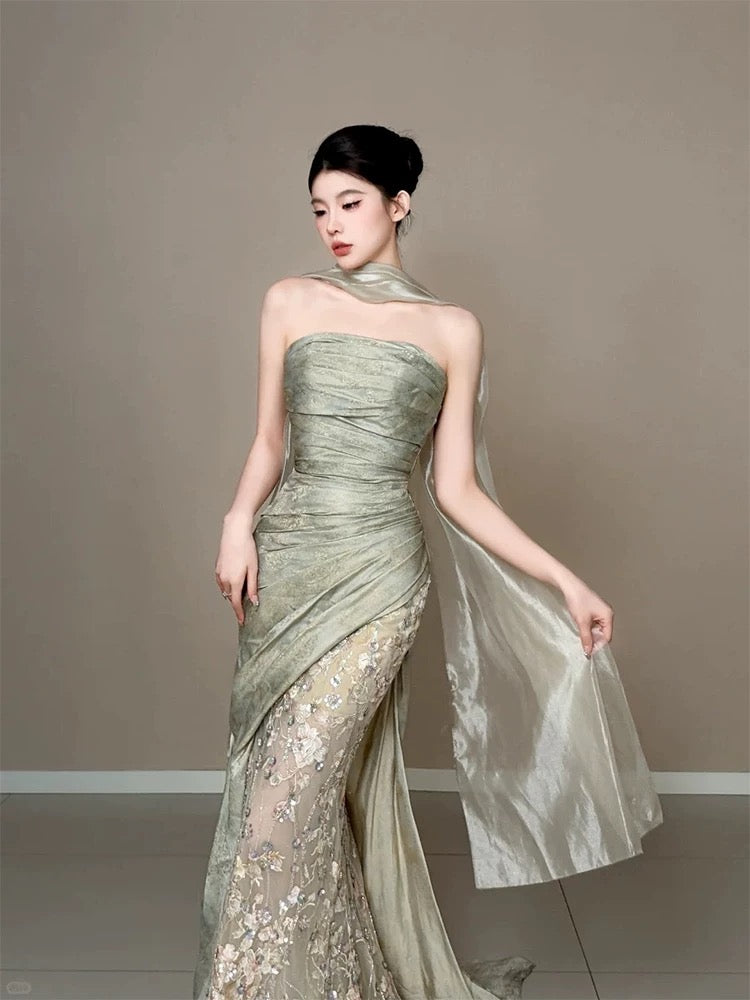 Elegant Mermaid Strapless Sage Green With Ruffled Lace Date Night Outfits Semi Formal Prom Gown Evening Dresses RB5560