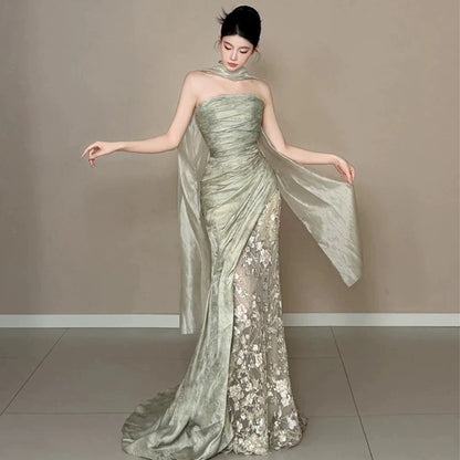 Elegant Mermaid Strapless Sage Green With Ruffled Lace Date Night Outfits Semi Formal Prom Gown Evening Dresses RB5560