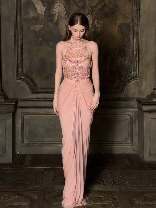 Elegant Mermaid High Neck Pink Chiffon With Beading Date Night Outfits Semi Formal Prom Gown Evening Dresses RB5562