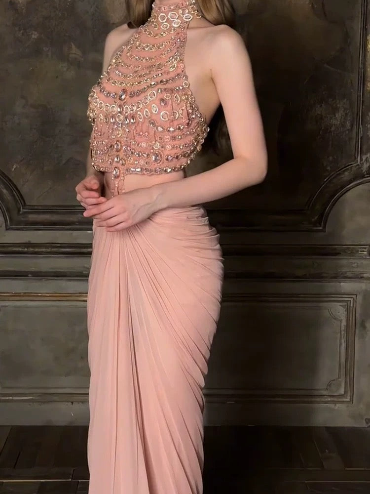 Elegant Mermaid High Neck Pink Chiffon With Beading Date Night Outfits Semi Formal Prom Gown Evening Dresses RB5562