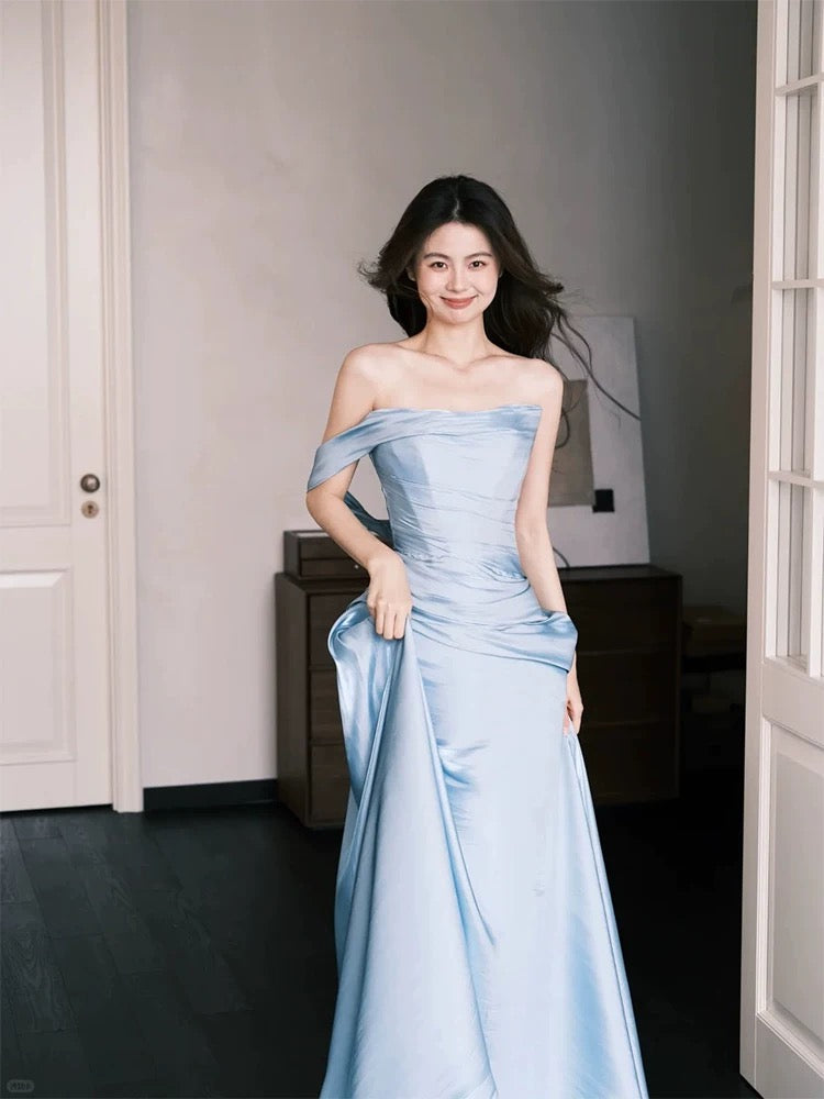 Elegant Mermaid Strapless Light Sky Blue With Ruffled Date Night Outfits Semi Formal Prom Gown Evening Dresses RB5564