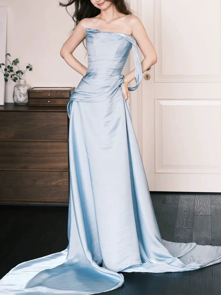 Elegant Mermaid Strapless Light Sky Blue With Ruffled Date Night Outfits Semi Formal Prom Gown Evening Dresses RB5564