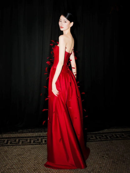 Elegant A line Strapless Red With Feathers Date Night Outfits Semi Formal Prom Gown Evening Dresses RB5565