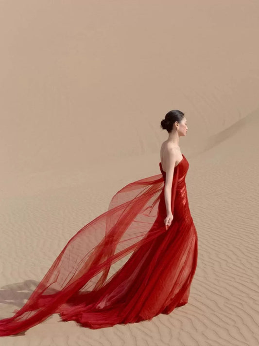Chic Mermaid Strapless Red Tulle Wedding Bridal Dress Long Wedding Dresses RB5146