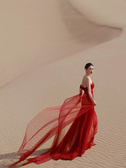 Chic Mermaid Strapless Red Tulle Wedding Bridal Dress Long Wedding Dresses RB5146
