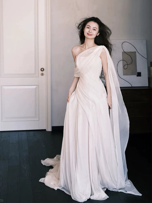 Chic Mermaid One Shoulder White Tulle Wedding Bridal Dress Long Wedding Dresses RB5147