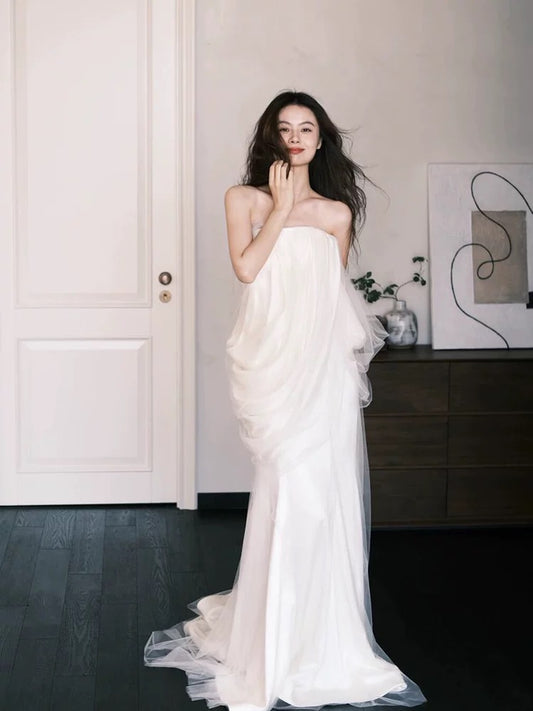 Simple Mermaid Strapless With Scarf White Tulle Wedding Bridal Dress Long Wedding Dresses RB5148