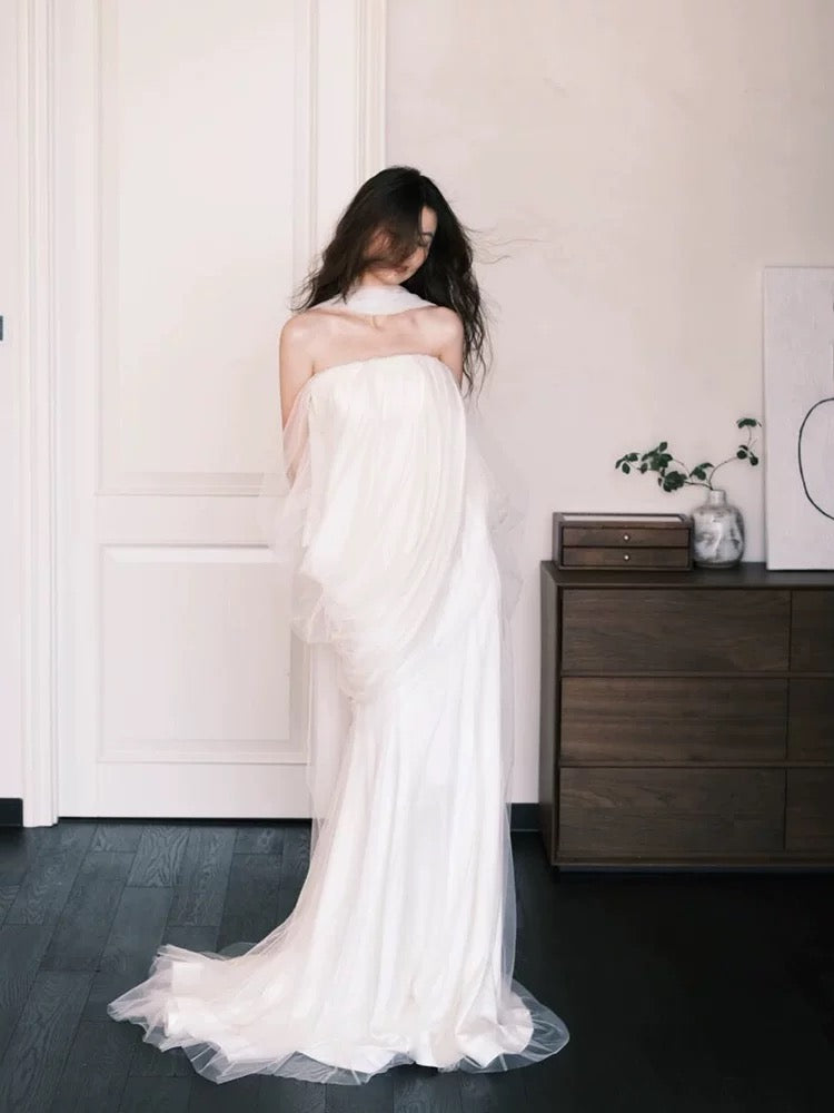 Simple Mermaid Strapless With Scarf White Tulle Wedding Bridal Dress Long Wedding Dresses RB5148