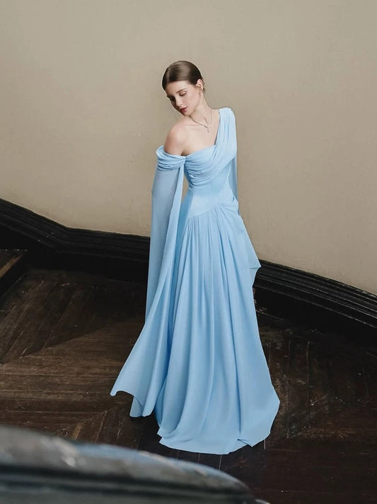 Stylish A Line One Shoulder Blue Chiffon With Scarf Long Floor Length Evening Dresses Inspo Evening Outfits RB5149