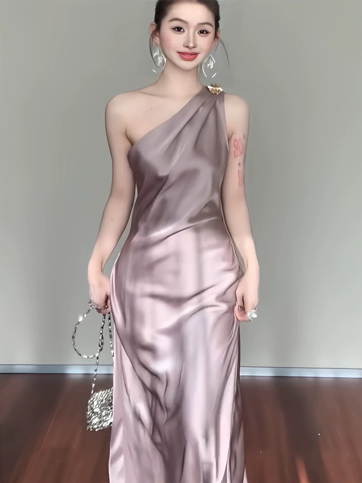Stylish Mermaid One Shoulder Satin Backless Long Floor Length Evening Dresses Inspo Evening Outfits RB5150