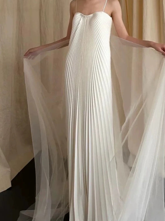 Simple A Line Spaghetti Strap White Tulle Wedding Bridal Dress Long Wedding Dresses RB5151