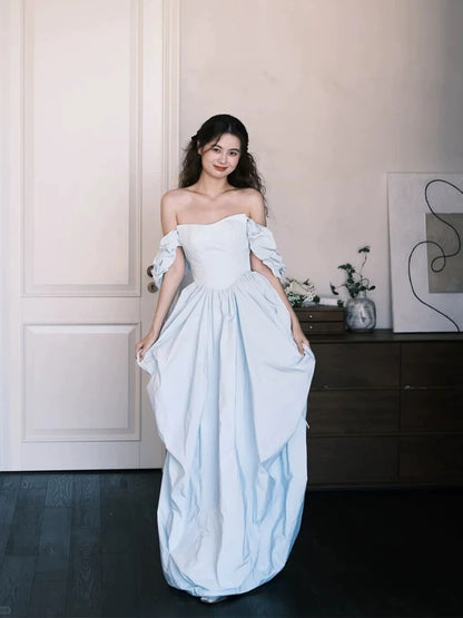 Stylish Ball Gown Off The Shoulder Light Blue Satin Long Floor Length Evening Dresses Inspo Evening Outfits RB5152
