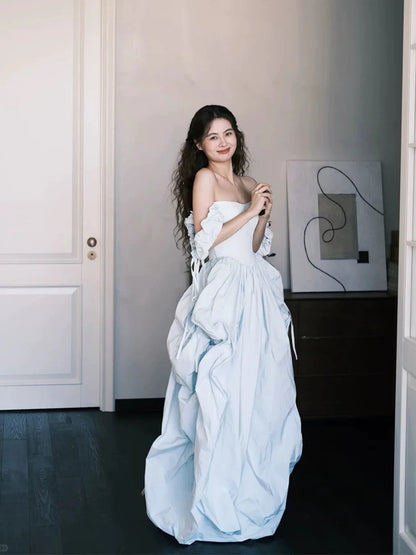 Stylish Ball Gown Off The Shoulder Light Blue Satin Long Floor Length Evening Dresses Inspo Evening Outfits RB5152