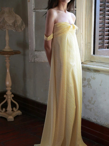 Unique Women's A Line Sweetheart Yellow Maxi Dress Date Night Outfits Outdoor Semi Formal Wedding Guest Dresses RB5153