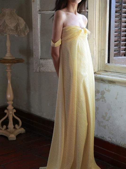 Unique Women's A Line Sweetheart Yellow Maxi Dress Date Night Outfits Outdoor Semi Formal Wedding Guest Dresses RB5153