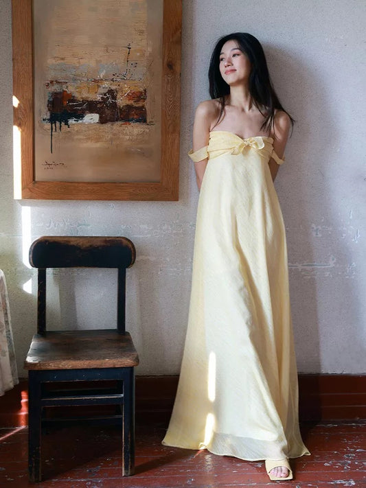 Unique Women's A Line Sweetheart Yellow Maxi Dress Date Night Outfits Outdoor Semi Formal Wedding Guest Dresses RB5153