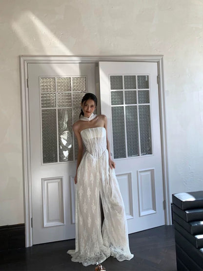 Simple A Line Strapless With Scarf White Lace Split Wedding Bridal Dress Long Wedding Dresses RB5155