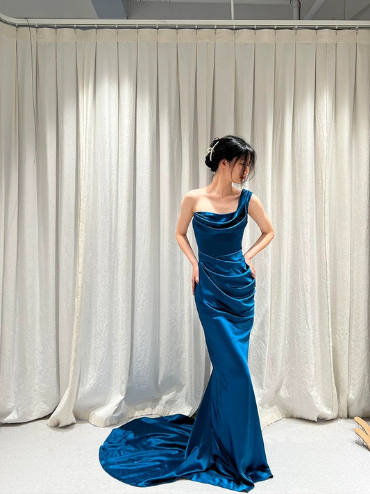 Unique Women's Mermaid One Shoulder Blue Satin Maxi Dress Date Night Outfits Outdoor Semi Formal Wedding Guest Dresses RB5156