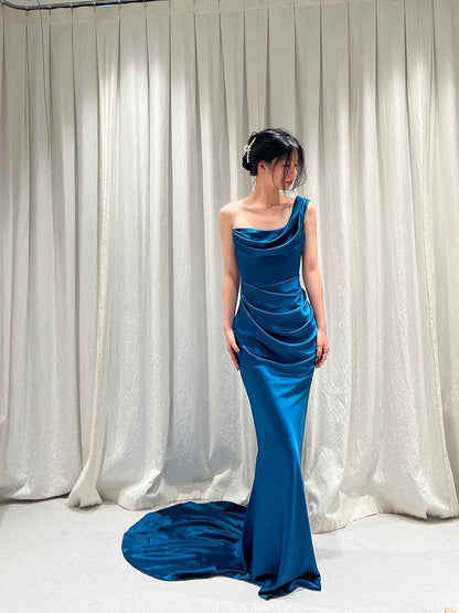 Unique Women's Mermaid One Shoulder Blue Satin Maxi Dress Date Night Outfits Outdoor Semi Formal Wedding Guest Dresses RB5156