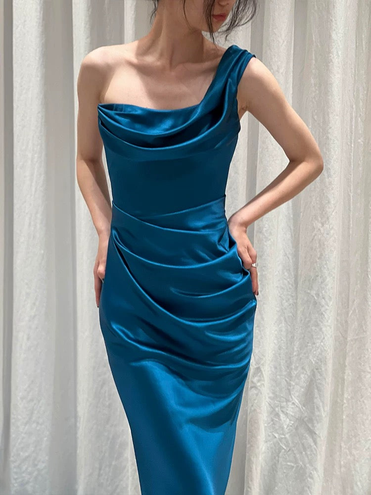 Unique Women's Mermaid One Shoulder Blue Satin Maxi Dress Date Night Outfits Outdoor Semi Formal Wedding Guest Dresses RB5156